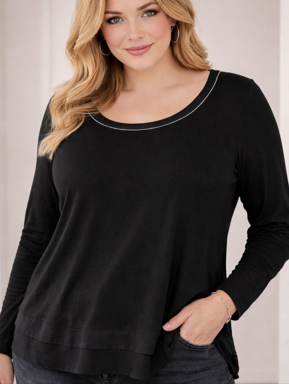 White House Black Market Black Long Sleeve Satin Trim Medium Layered Hem Top